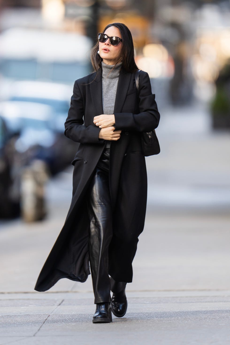 Gray Turtleneck With Black Leather Trousers And Long Coat — Aesthetic Going Out Outfits Night