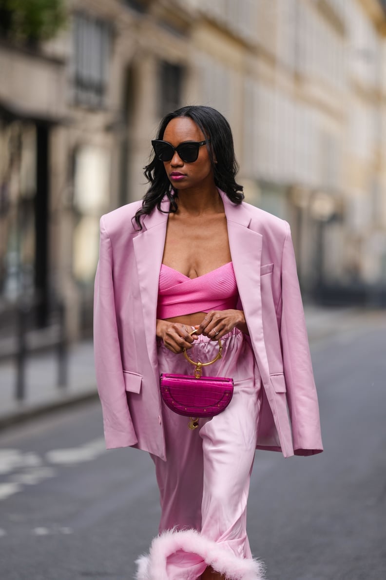 Monochromatic Pink Blazer With Feather Trim Pants — Aesthetic Going Out Outfits Night