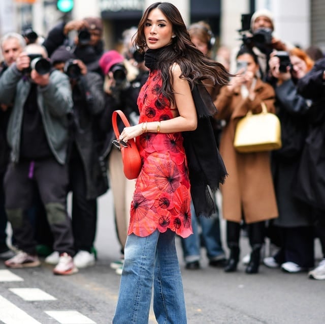 Red Floral Applique Dress Over Blue Denim Jeans — Aesthetic Going Out Outfits Night