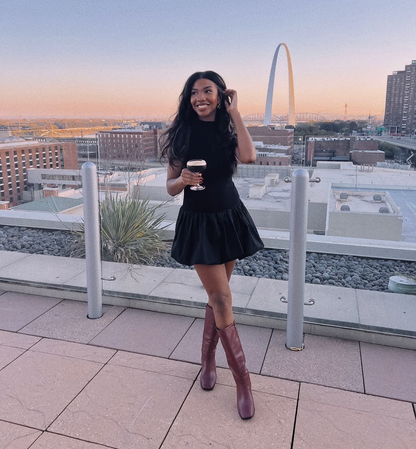 Black A-Line Mini Dress With Maroon Knee-High Boots, Textile — Aesthetic Going Out Outfits Night