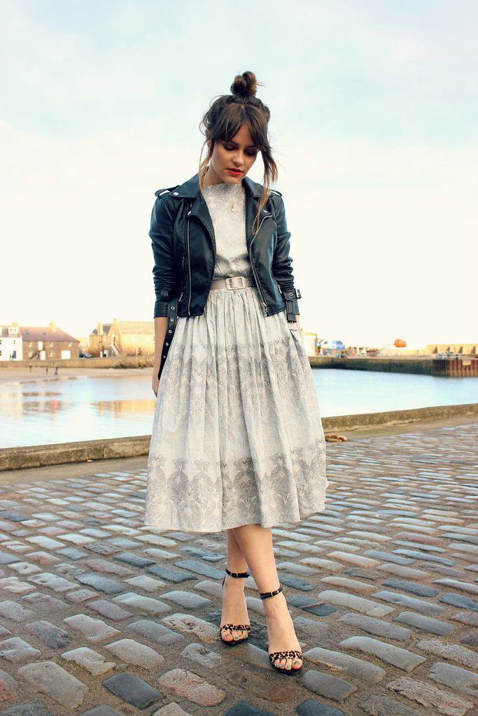 Leather Biker Jacket Over Patterned Midi Dress — Aesthetic Going Out Outfits Night