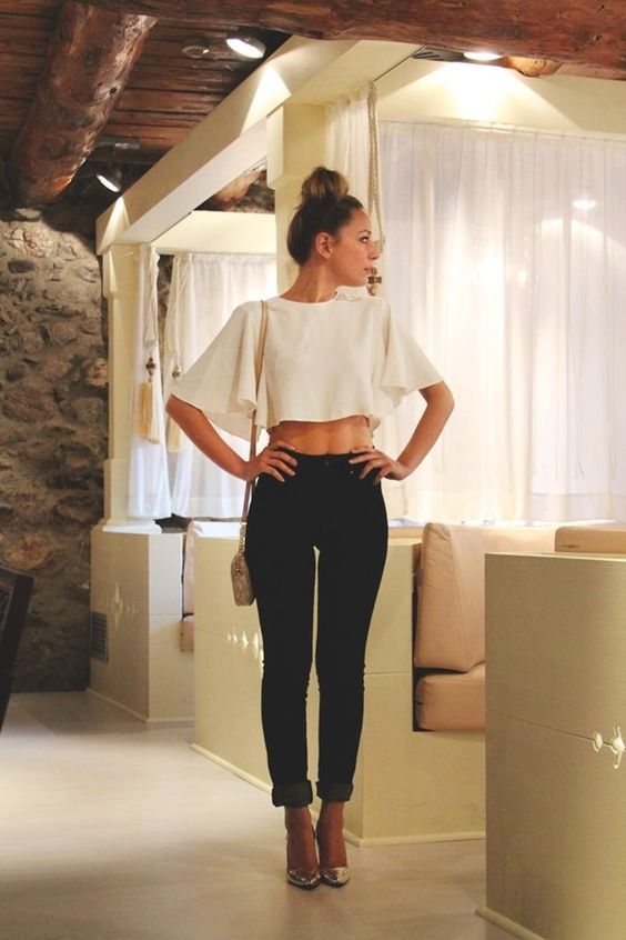 White Flutter-Sleeve Top With Metallic Heels — Aesthetic Going Out Outfits Night