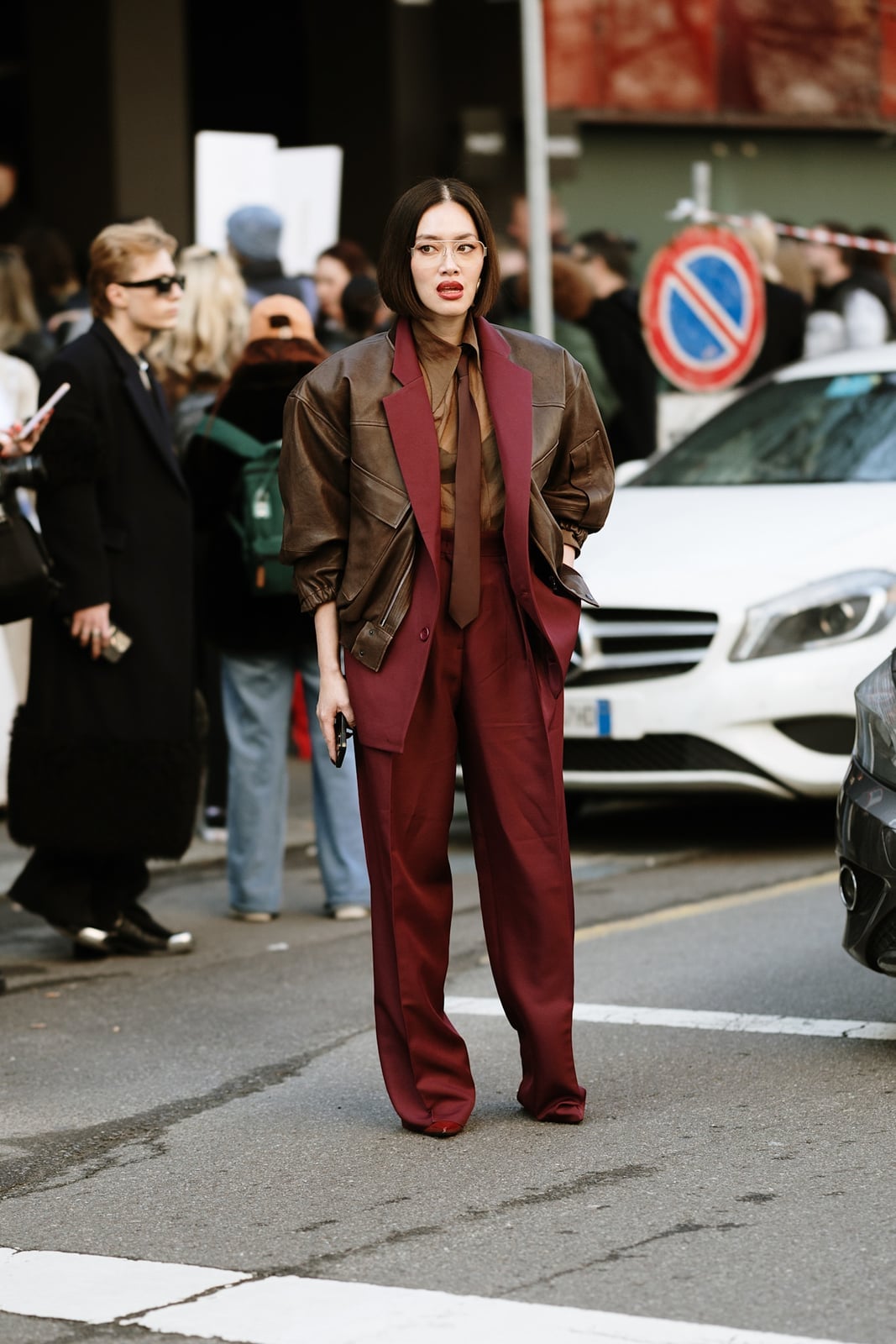 Oversized Leather Bomber Jacket With Wide-Leg Trousers — Aesthetic Going Out Outfits Night