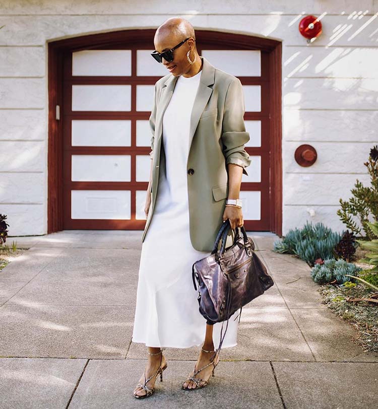 White Satin Slip Dress With Olive Green Blazer — Aesthetic Going Out Outfits Night
