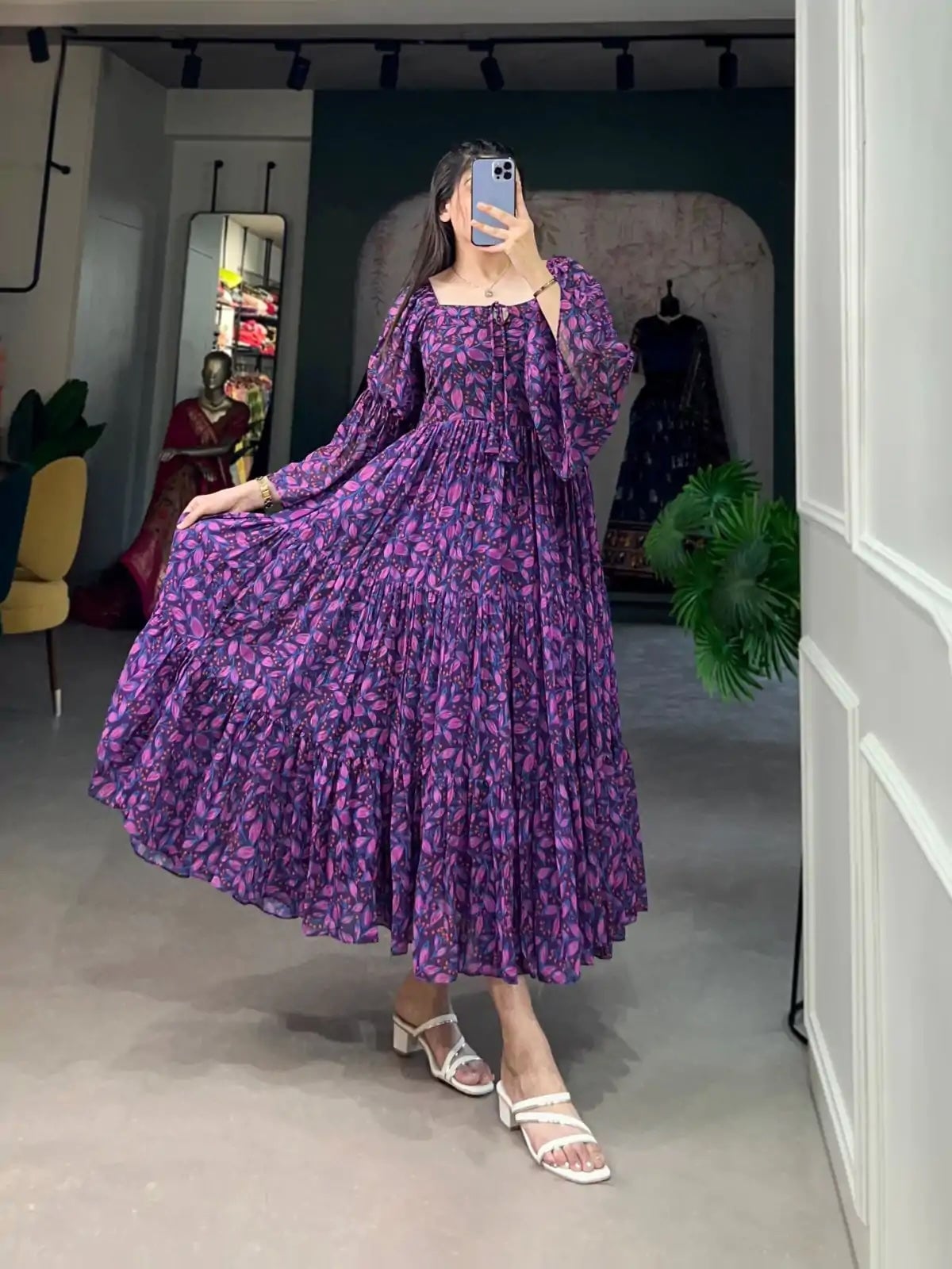 Purple Georgette Tiered Gown with Floral Print Purple Georgette Tiered Gown with Floral Print — Aesthetic Gowns Dresses
