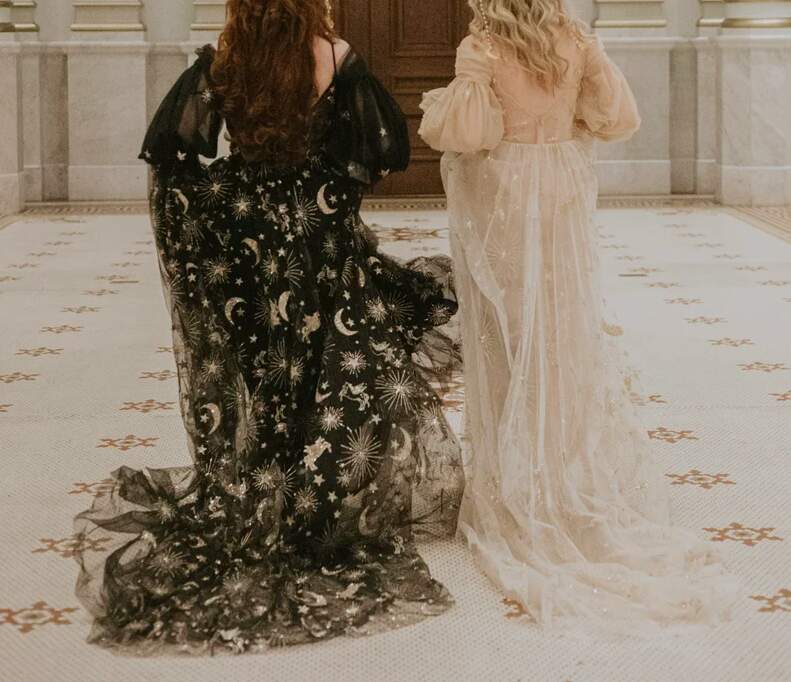 Black Sheer Overlay Gown with Celestial Print Black Sheer Overlay Gown with Celestial Print — Aesthetic Gowns Dresses