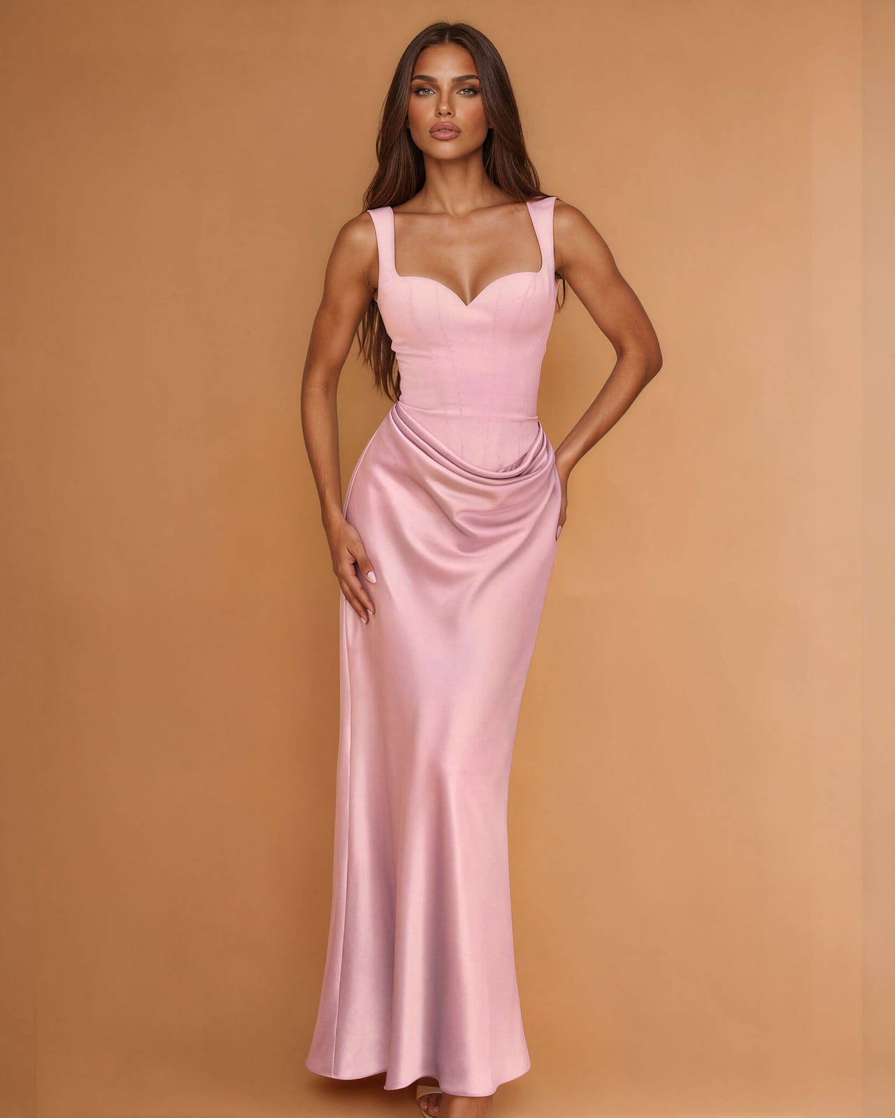 Light Pink Satin Gown with Sweetheart Neckline and Draped Skirt Light Pink Satin Gown with Sweetheart Neckline and Draped Skirt — Aesthetic Gowns Dresses