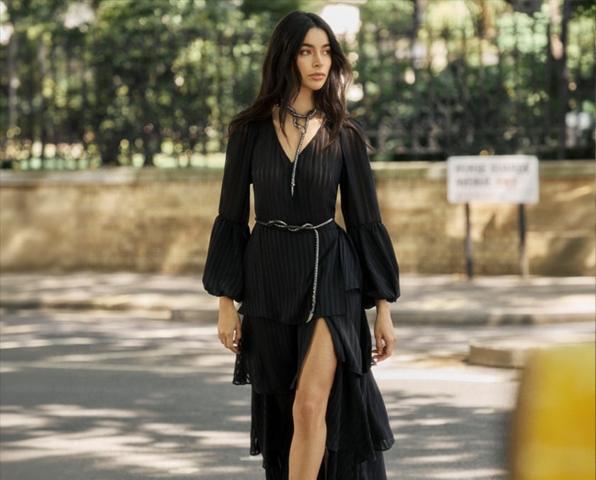 Black Tiered Maxi Dress with High Slit and Voluminous Sleeves Black Tiered Maxi Dress with High Slit and Voluminous Sleeves — Aesthetic Gowns Dresses