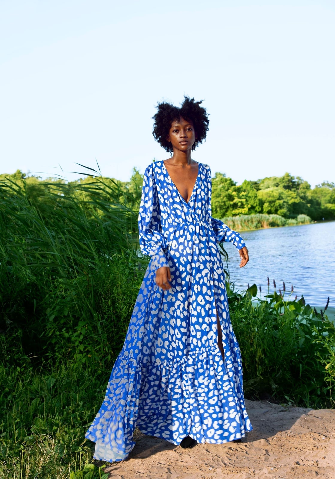 Blue Abstract Print Wrap Maxi Dress with Ruffled Hem Blue Abstract Print Wrap Maxi Dress with Ruffled Hem — Aesthetic Gowns Dresses