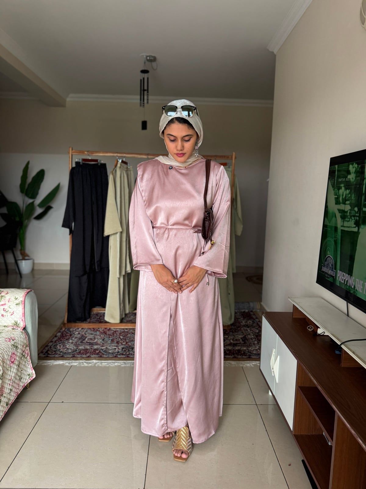 Pink Satin Gown with Abstract Print and Front Slit Pink Satin Gown with Abstract Print and Front Slit — Aesthetic Gowns Dresses