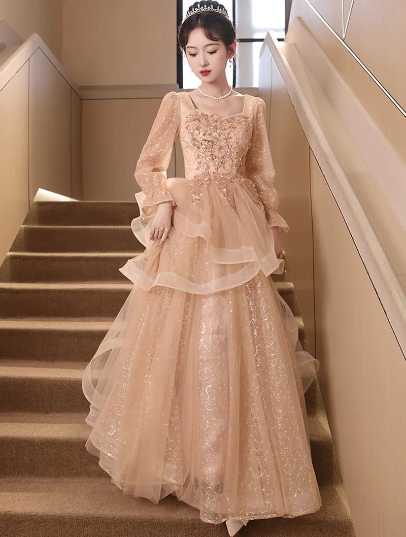 Champagne Gold Ball Gown with Ruffled Tiers Champagne Gold Ball Gown with Ruffled Tiers — Aesthetic Gowns Dresses