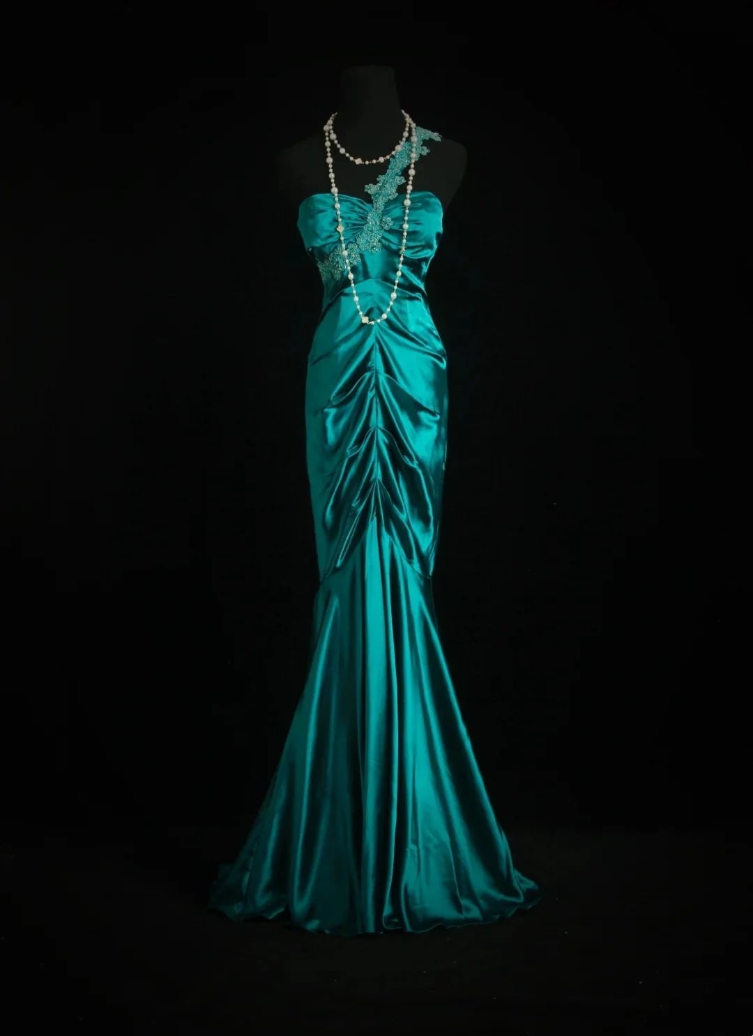 Teal Satin Mermaid Gown with Ruched Detailing Teal Satin Mermaid Gown with Ruched Detailing — Aesthetic Gowns Dresses