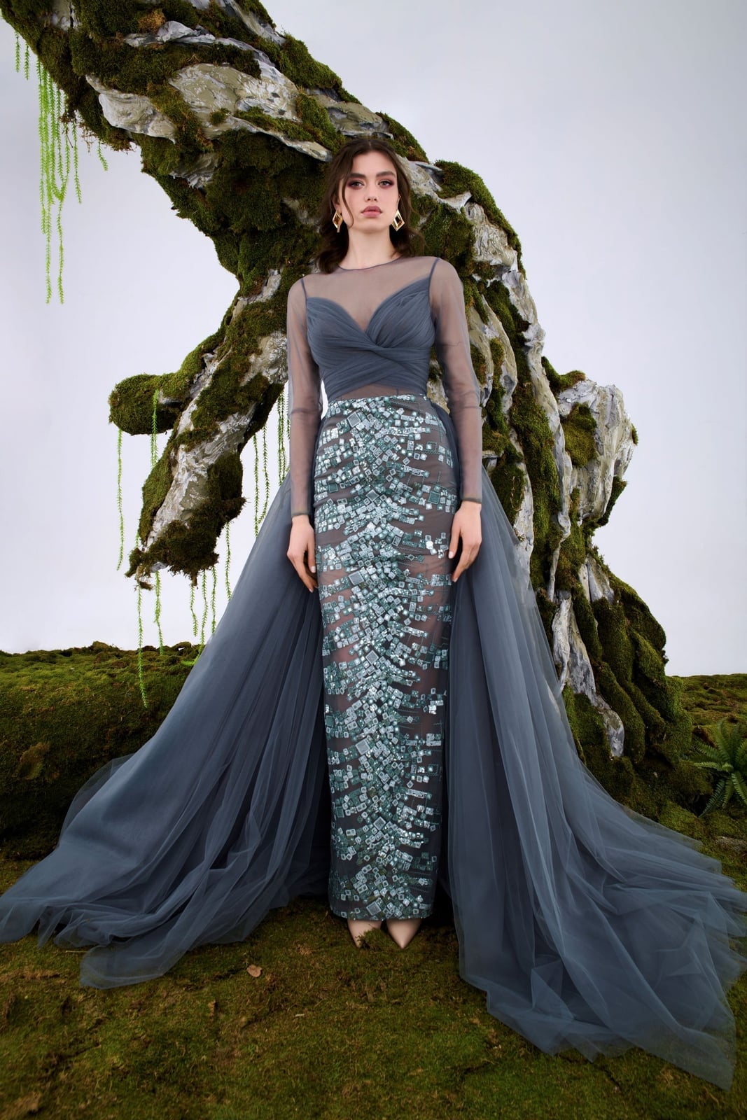 Charcoal Gray Gown with Sheer Embellished Skirt Charcoal Gray Gown with Sheer Embellished Skirt — Aesthetic Gowns Dresses