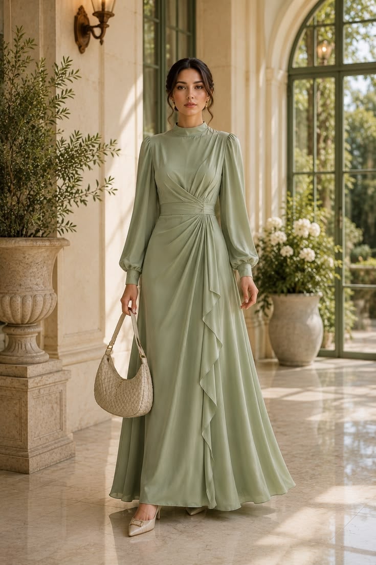 Sage Green Draped Waist A-Line Dress Sage Green Draped Waist A-Line Dress — Aesthetic Gowns Dresses