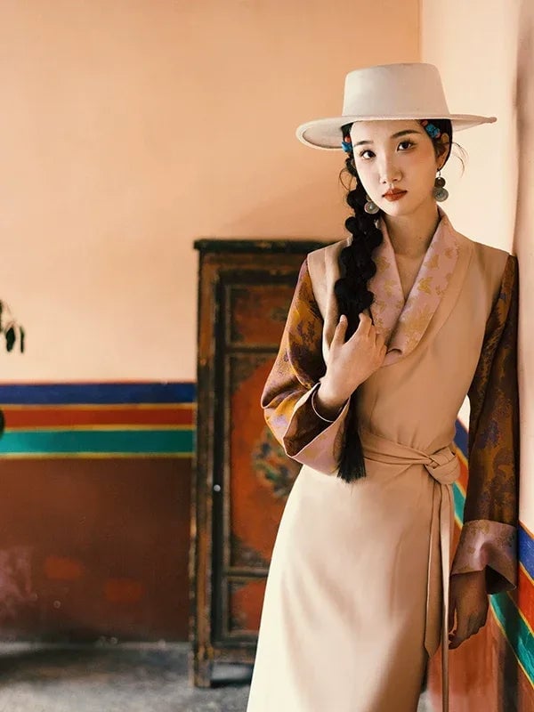 Beige Robe-Style Dress with Embroidered Sleeves Beige Robe-Style Dress with Embroidered Sleeves — Aesthetic Gowns Dresses