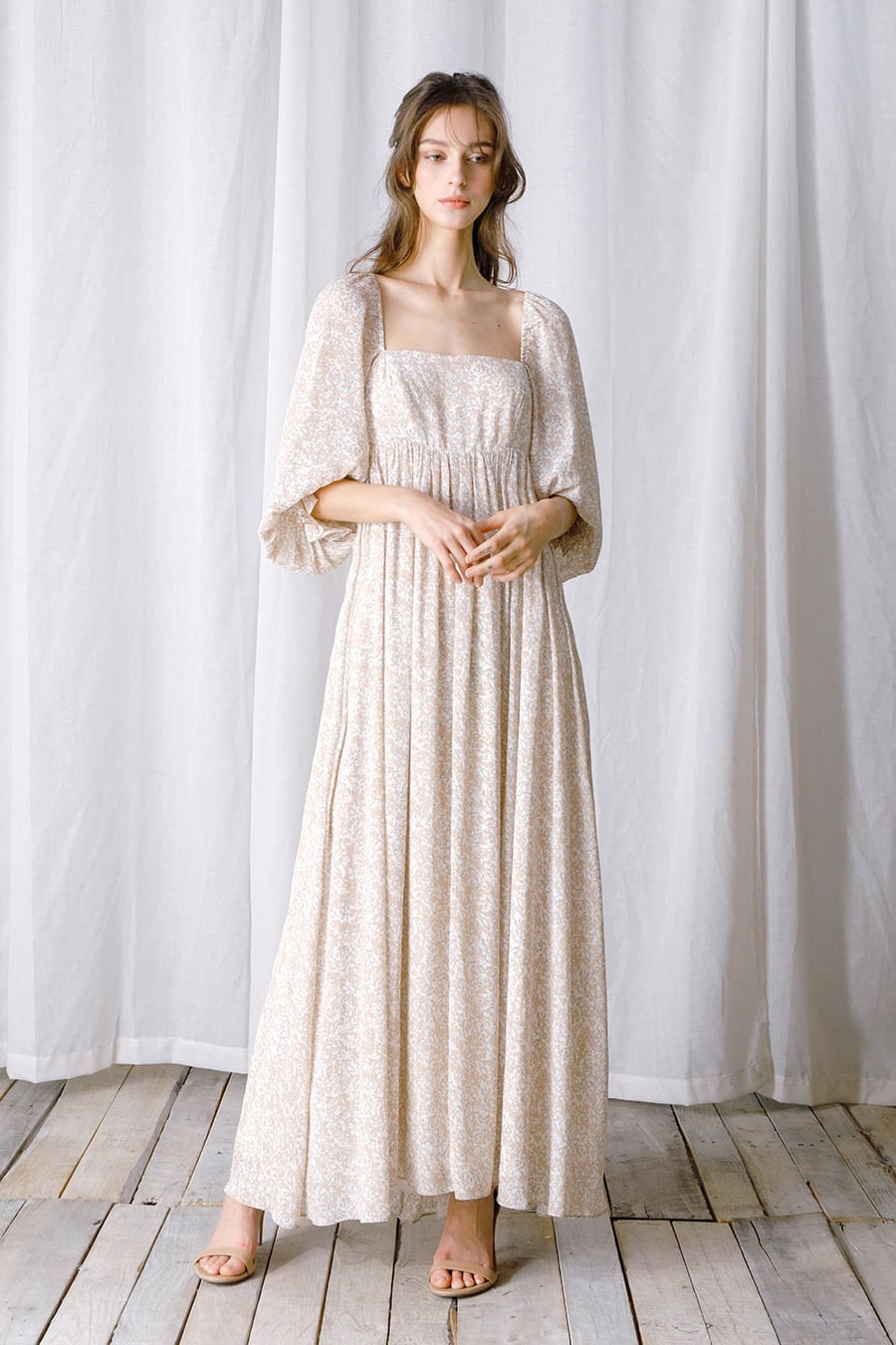 Beige Square-Neck Maxi Dress with Puff Sleeves Beige Square-Neck Maxi Dress with Puff Sleeves — Aesthetic Gowns Dresses