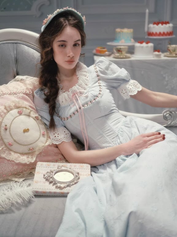 Pale Blue Puff Sleeve Eyelet Dress with Lace Trim Pale Blue Puff Sleeve Eyelet Dress with Lace Trim — Aesthetic Gowns Dresses