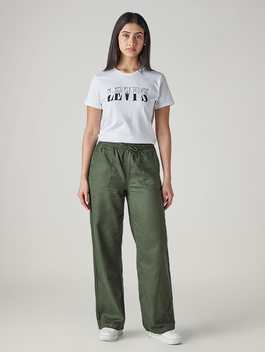 Olive Green Wide-Leg Pants With White T-Shirt — Aesthetic Green Sweatpants Outfit