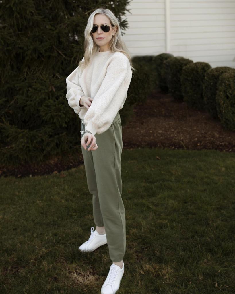 Sage Green Sweatpants With Oversized Cream Crewneck — Aesthetic Green Sweatpants Outfit