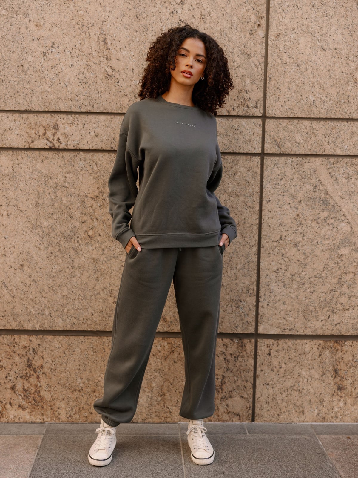 Dark Gray Loungewear Set With White Sneakers — Aesthetic Green Sweatpants Outfit