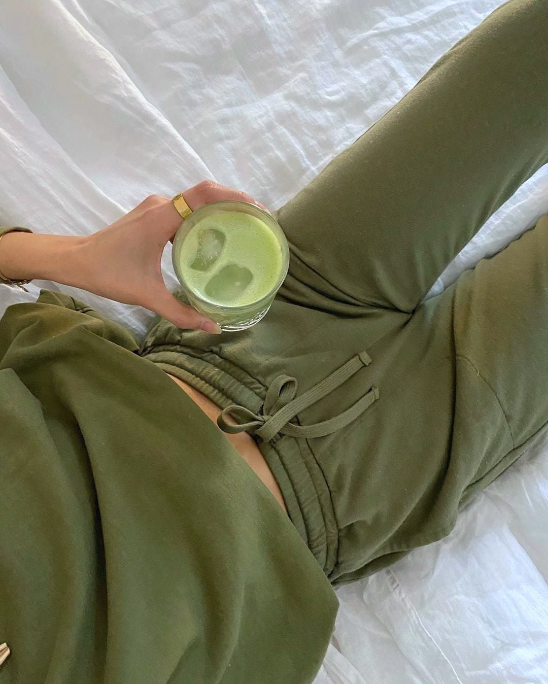 Olive Green Ribbed Knit Loungewear Set — Aesthetic Green Sweatpants Outfit