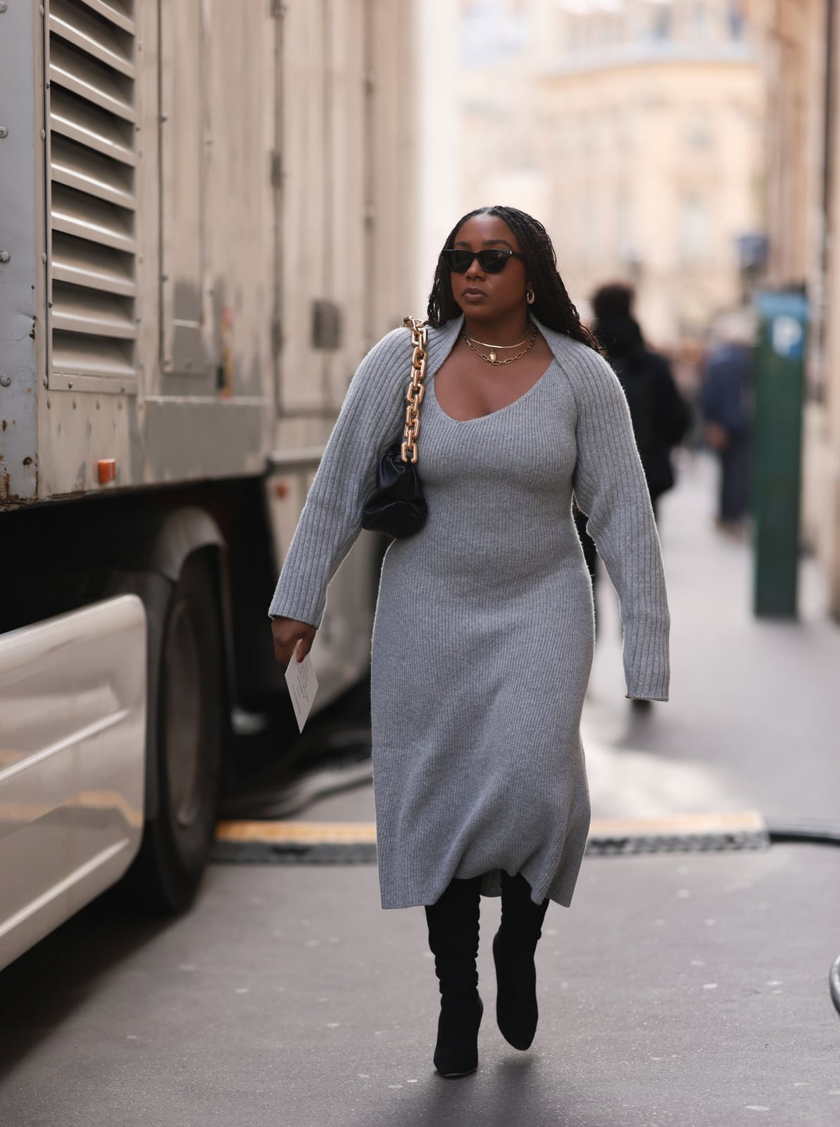 Fitted Gray Knit Midi Dress With Cut-Out Fitted Gray Knit Midi Dress With Cut-Out — Aesthetic Grey Sweater Outfit