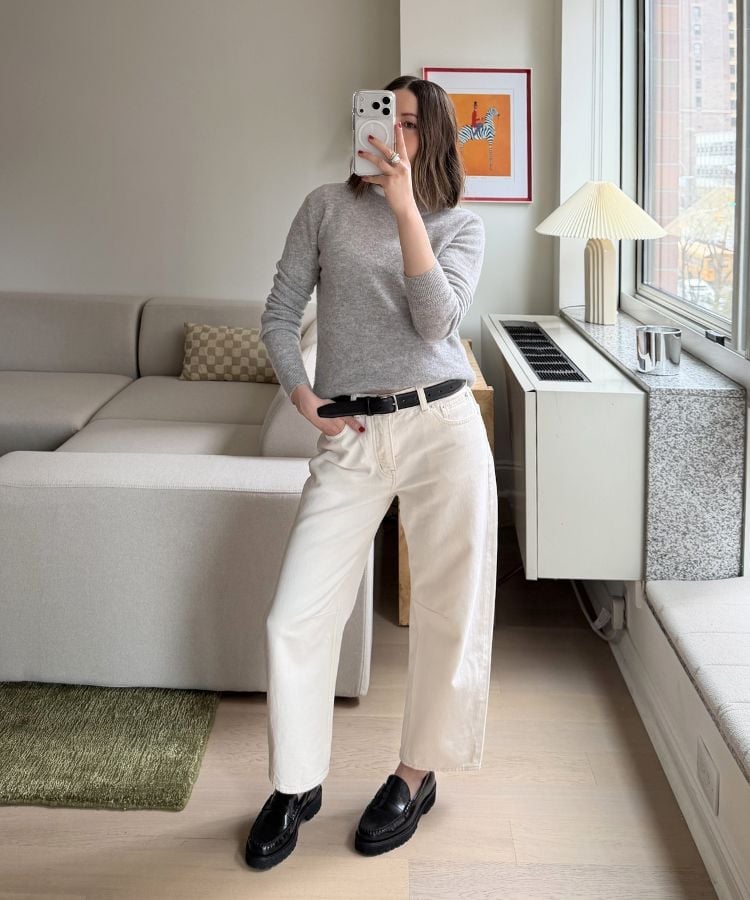 Fine Knit Gray Sweater With Cream Wide Leg Trousers Fine Knit Gray Sweater With Cream Wide Leg Trousers — Aesthetic Grey Sweater Outfit