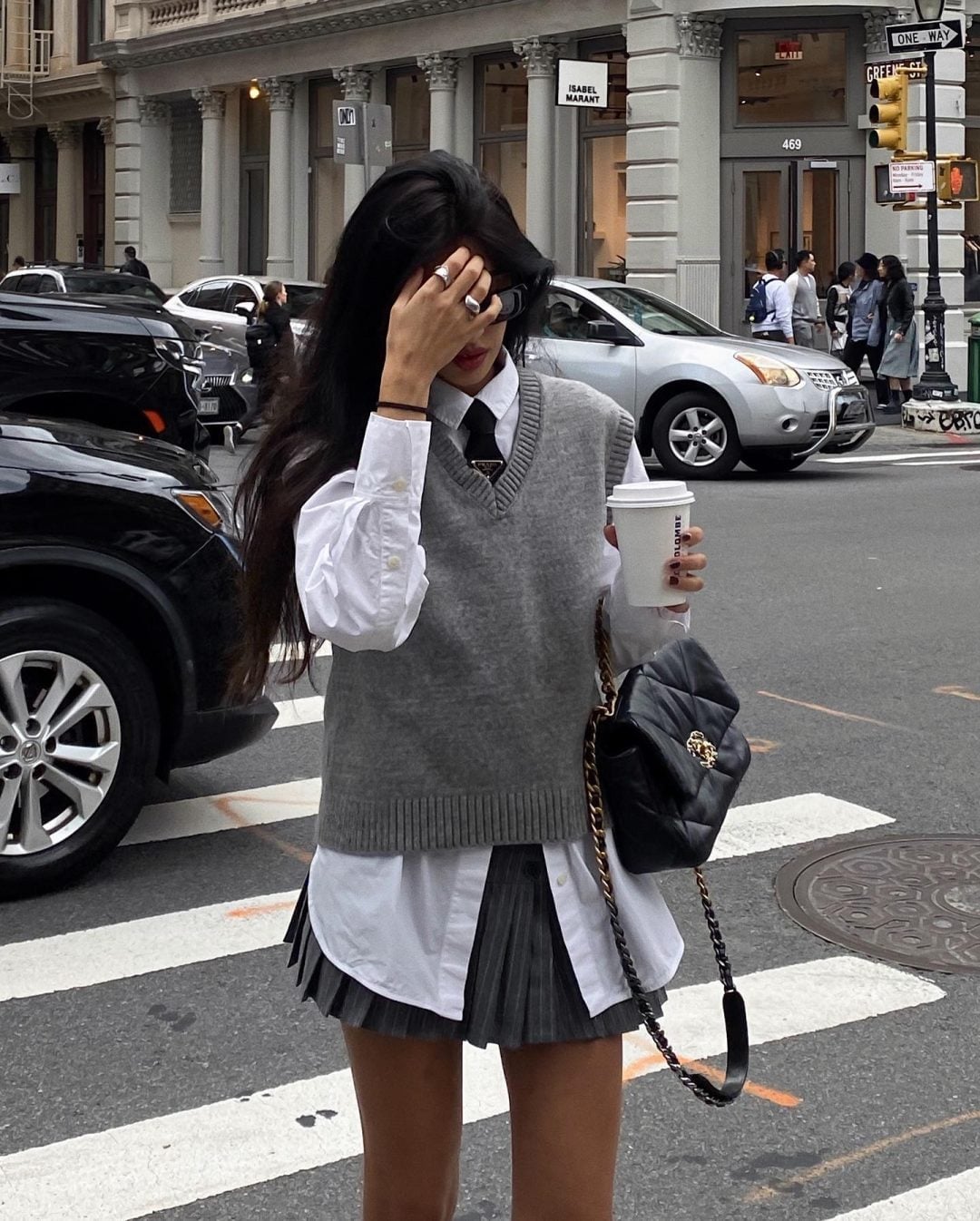 Gray Sweater Vest Over White Shirt And Pleated Skirt Gray Sweater Vest Over White Shirt And Pleated Skirt — Aesthetic Grey Sweater Outfit