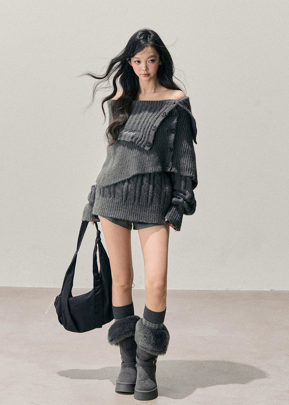 Off-Shoulder Gray Sweater With Fur Trim Boots Off-Shoulder Gray Sweater With Fur Trim Boots — Aesthetic Grey Sweater Outfit