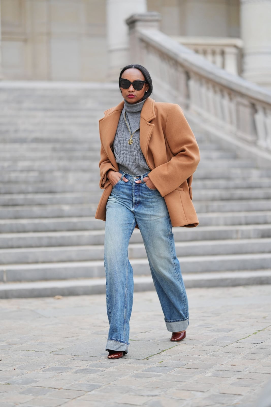 Gray Turtleneck Under Camel Coat With Blue Jeans Gray Turtleneck Under Camel Coat With Blue Jeans — Aesthetic Grey Sweater Outfit