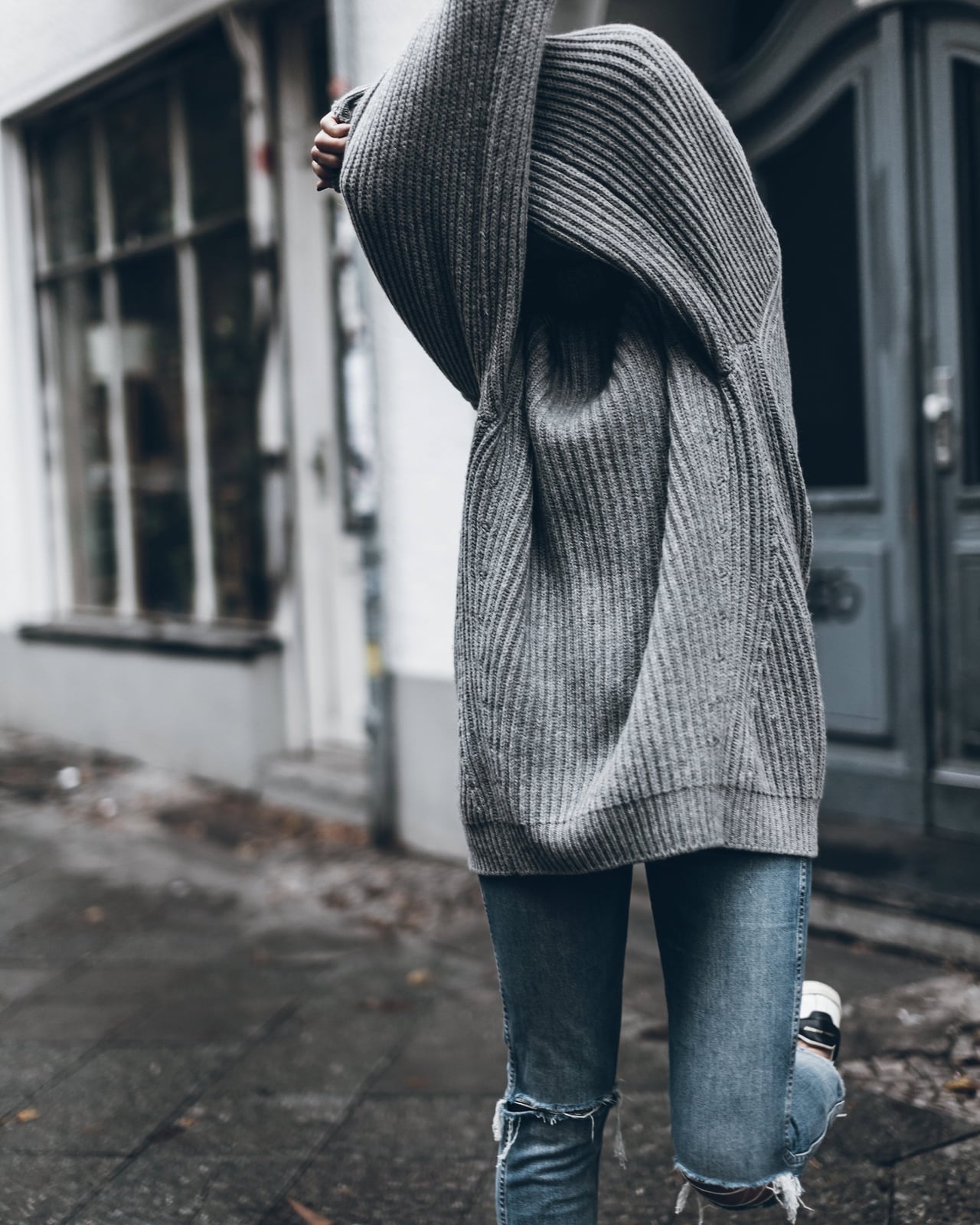 Extremely Oversized Gray Knit With Ripped Jeans Extremely Oversized Gray Knit With Ripped Jeans — Aesthetic Grey Sweater Outfit