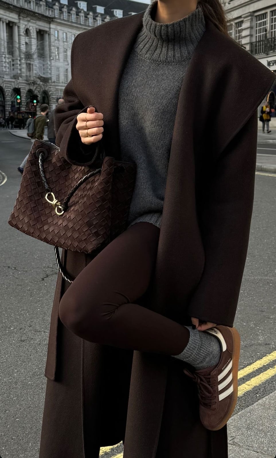 Gray Turtleneck With Brown Leggings And Coat Gray Turtleneck With Brown Leggings And Coat — Aesthetic Grey Sweater Outfit