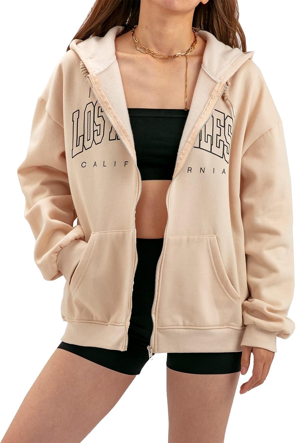 Beige Zip-Up Hoodie with Black Shorts and Tube Top Beige Zip-Up Hoodie with Black Shorts and Tube Top — Aesthetic Hoodie Outfits Women