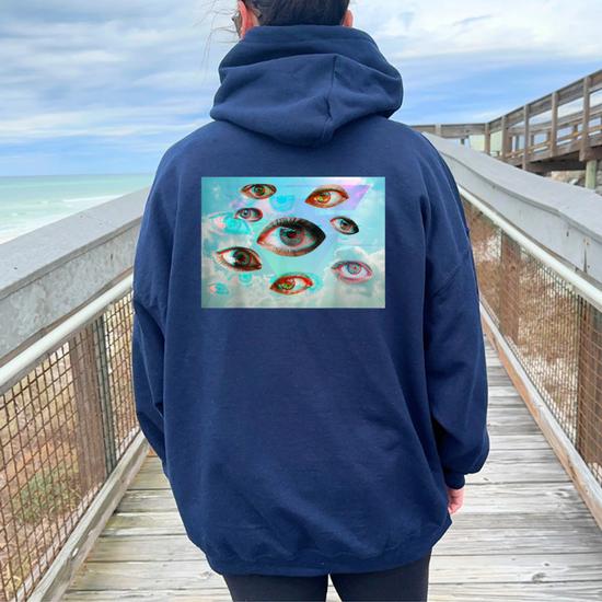 Navy Oversized Hoodie with Multi-Colored Eye Graphic Navy Oversized Hoodie with Multi-Colored Eye Graphic — Aesthetic Hoodie Outfits Women