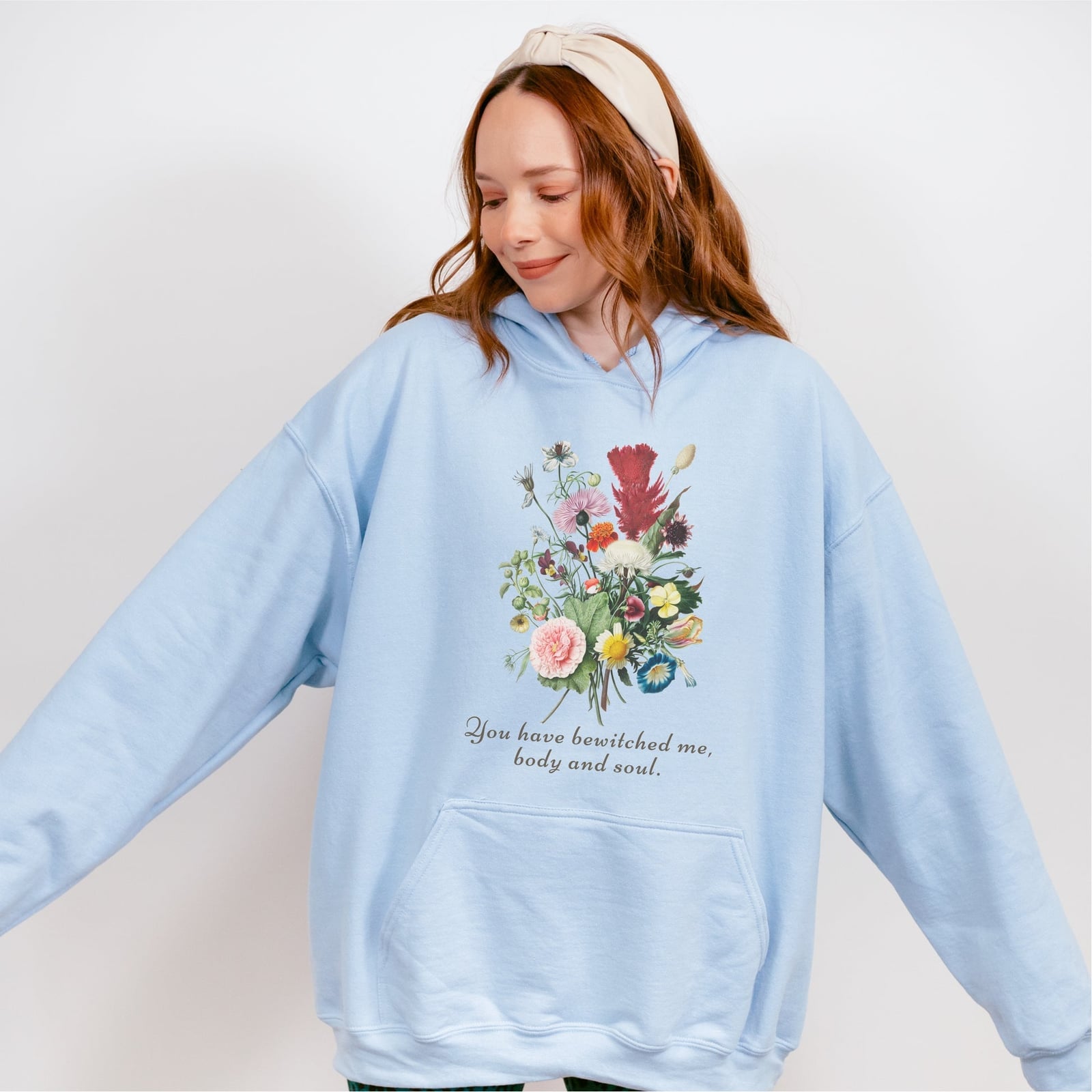 Light Blue Hoodie with Floral Bouquet Graphic Light Blue Hoodie with Floral Bouquet Graphic — Aesthetic Hoodie Outfits Women