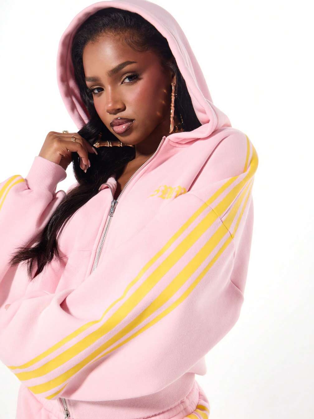 Pastel Pink Zip-Up Hoodie with Yellow Stripes Pastel Pink Zip-Up Hoodie with Yellow Stripes — Aesthetic Hoodie Outfits Women