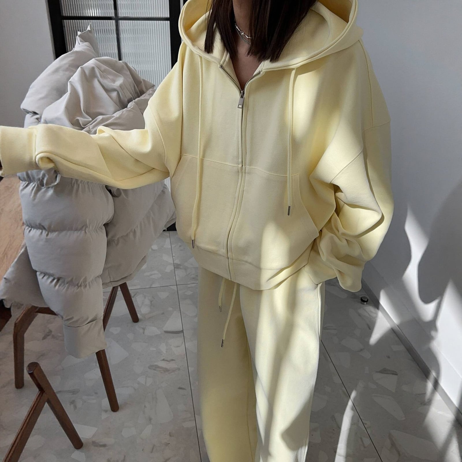 Pale Yellow Zip-Up Hoodie and Matching Sweatpants Set Pale Yellow Zip-Up Hoodie and Matching Sweatpants Set — Aesthetic Hoodie Outfits Women