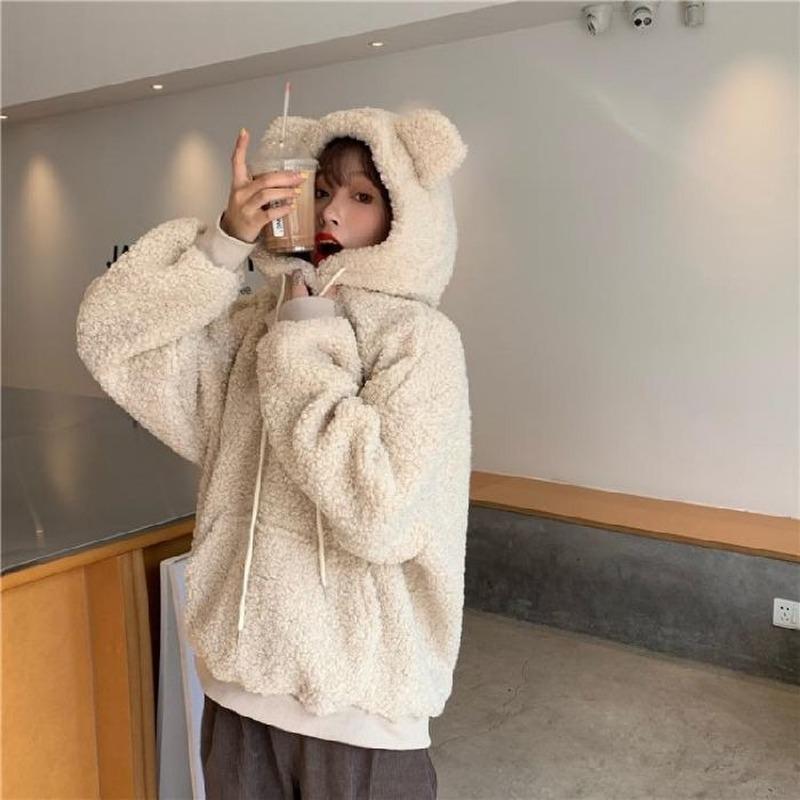 Cream Teddy Hoodie with Bear Ears Cream Teddy Hoodie with Bear Ears — Aesthetic Hoodie Outfits Women