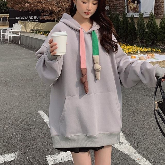 Gray Oversized Hoodie with Multi-Colored Strings Gray Oversized Hoodie with Multi-Colored Strings — Aesthetic Hoodie Outfits Women
