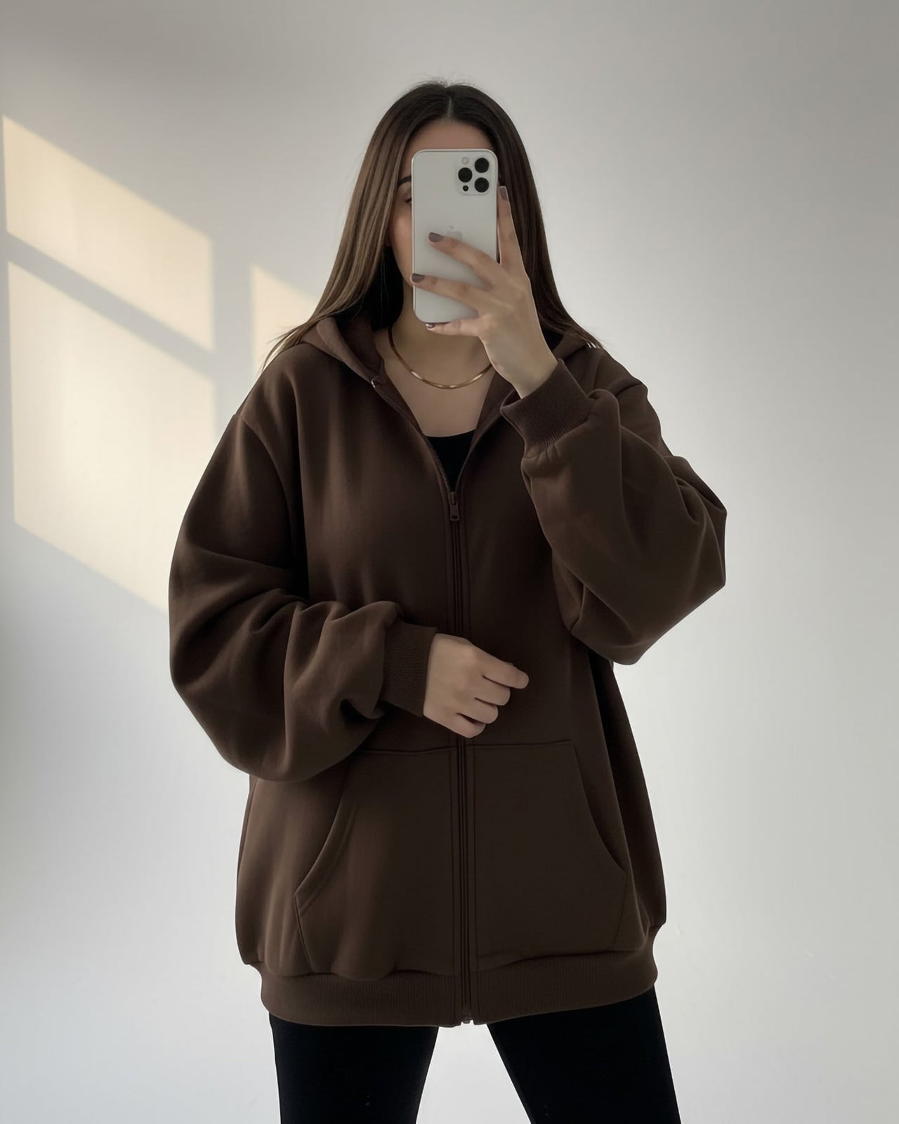 Rich Brown Zip-Up Hoodie with Black Tank and Leggings Rich Brown Zip-Up Hoodie with Black Tank and Leggings — Aesthetic Hoodie Outfits Women