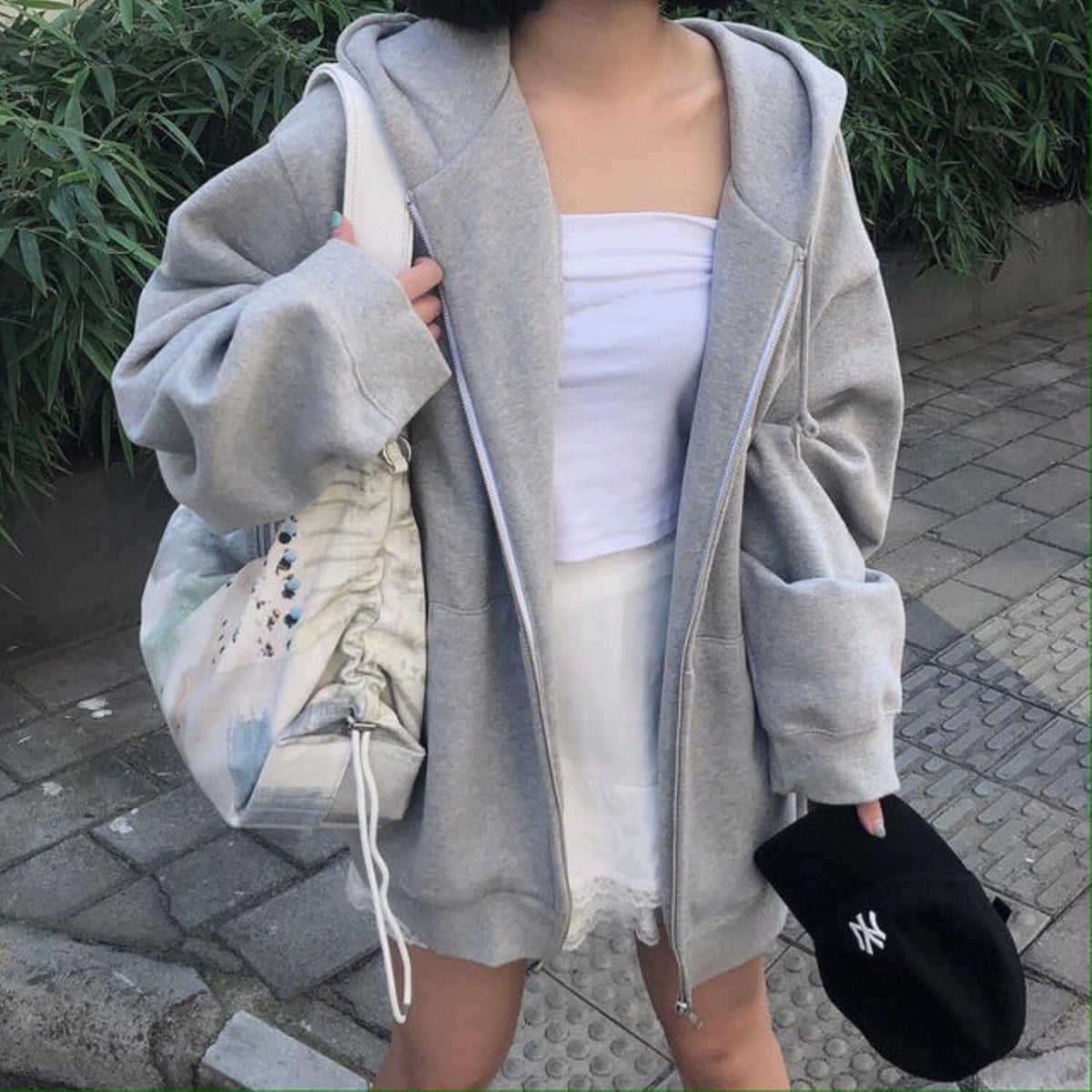 Gray Zip-Up Hoodie with White Skirt and Lace Trim Gray Zip-Up Hoodie with White Skirt and Lace Trim — Aesthetic Hoodie Outfits Women