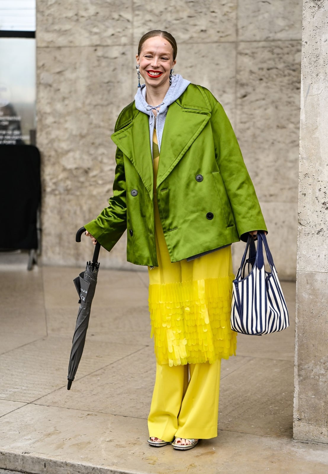 Green Satin Jacket Over Gray Hoodie and Yellow Dress Green Satin Jacket Over Gray Hoodie and Yellow Dress — Aesthetic Hoodie Outfits Women