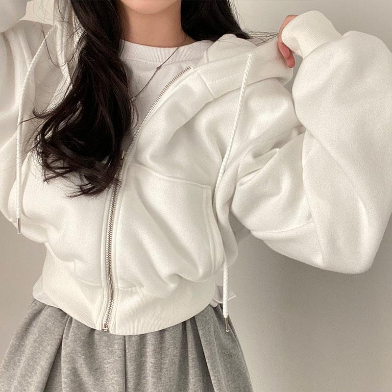 White Cropped Zip-Up Hoodie with Gray Pleated Skirt, T-Shirt White Cropped Zip-Up Hoodie with Gray Pleated Skirt, T-Shirt — Aesthetic Hoodie Outfits Women