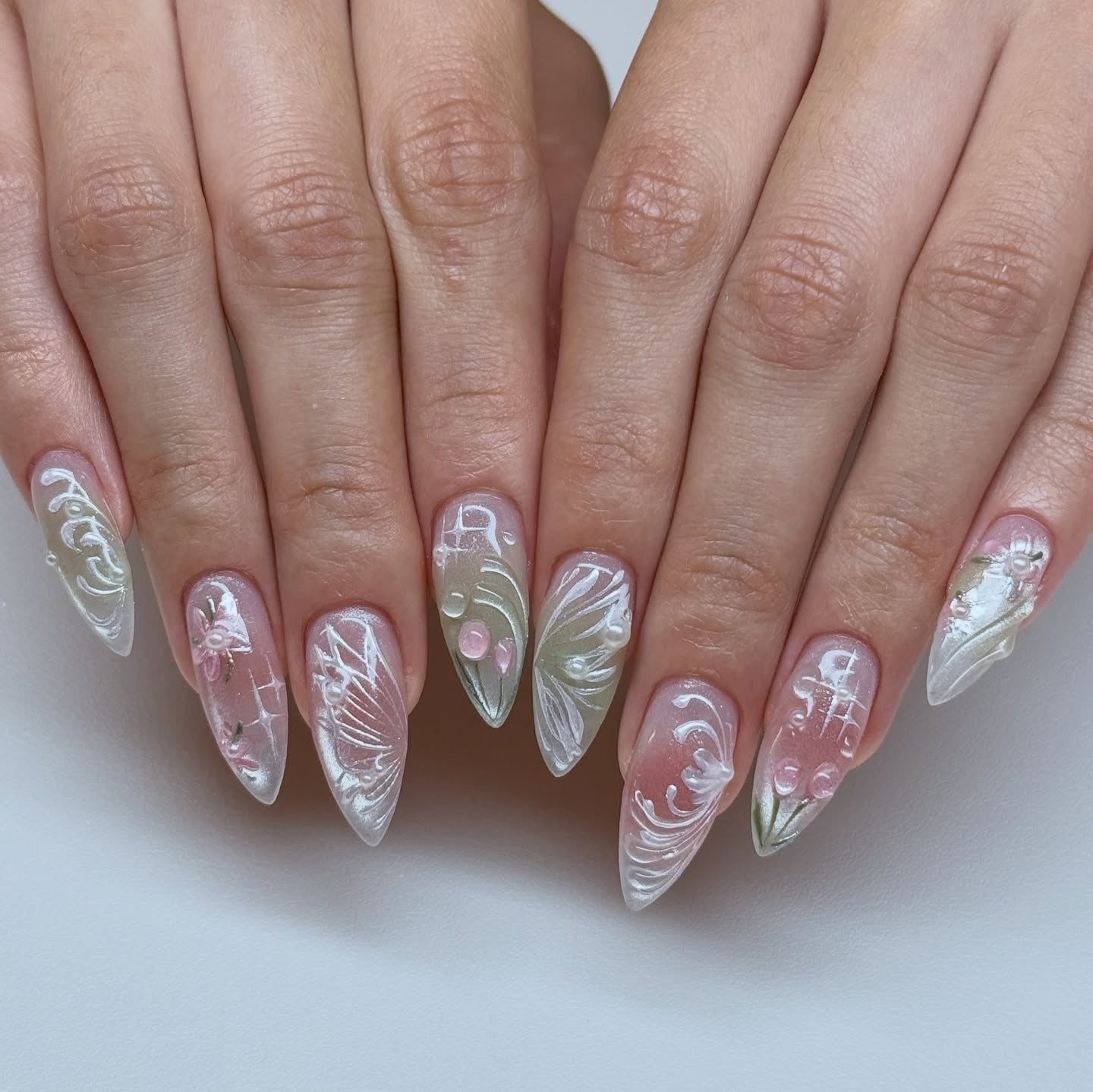 Medium Almond Milky White with 3D Florals and Swirls, Close-Up Take — Aesthetic Korean Nail Art