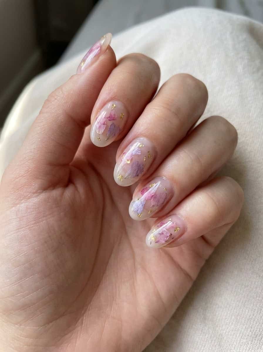 Short Oval Sheer Nude with Pressed Flowers — Aesthetic Korean Nail Art