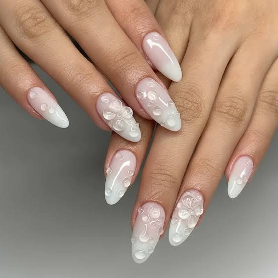 Medium Almond Milky White with 3D White Florals, Office-Safe Version — Aesthetic Korean Nail Art