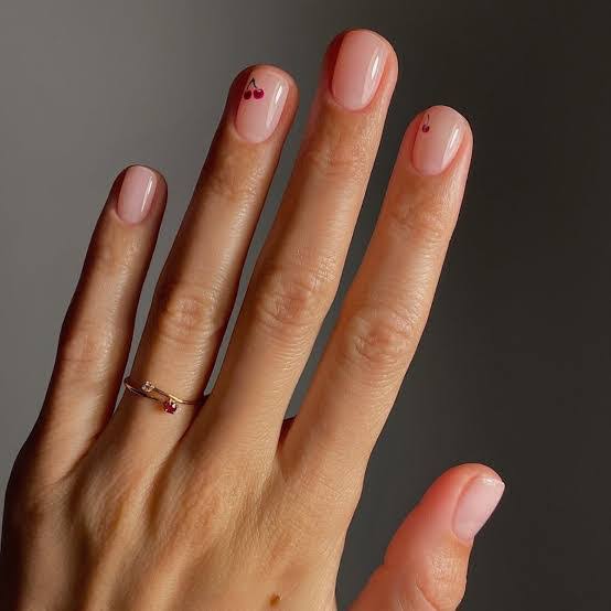 Short Natural Almond Pale Pink with Cherry Art — Aesthetic Korean Nail Art