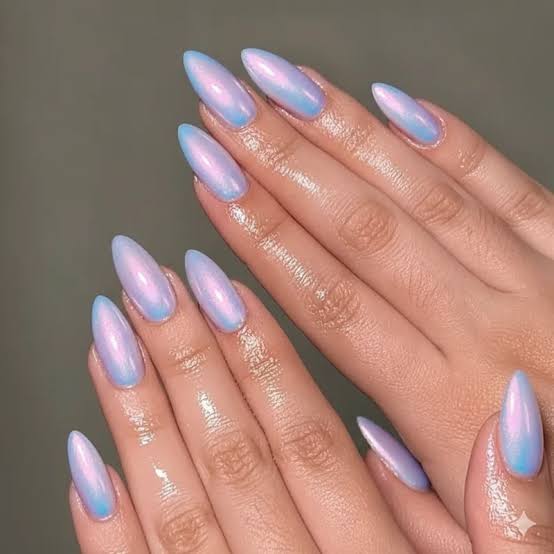 Medium Almond Milky to Blue Chrome Gradient — Aesthetic Korean Nail Art