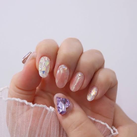 Medium Almond Nude Pearlescent with Rhinestones and Heart — Aesthetic Korean Nail Art