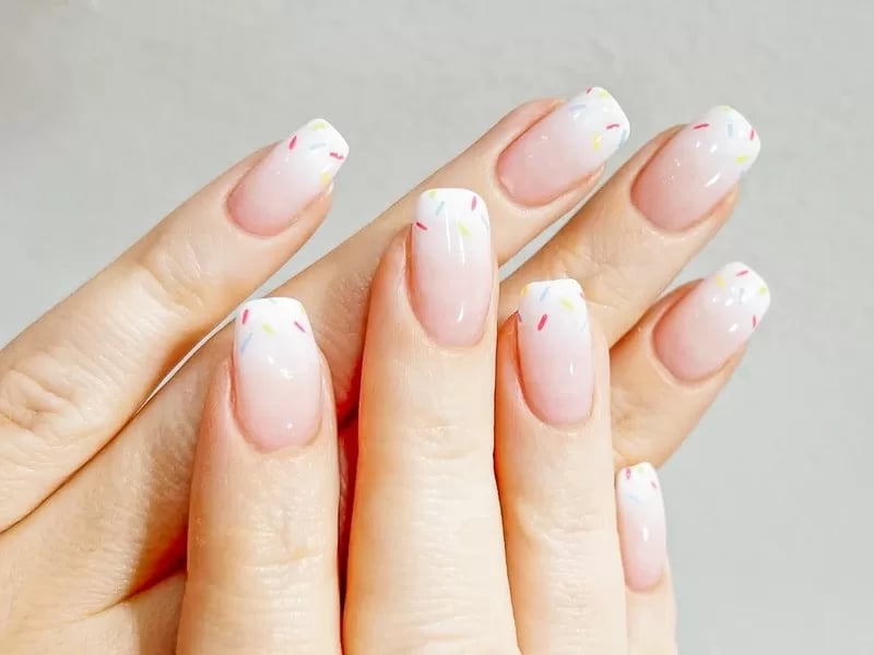 Medium Soft Square Pink to White Gradient with Sprinkles — Aesthetic Korean Nail Art